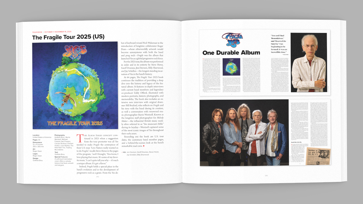 The official YES Fragile 2025 tour book shown here in a spread from Yesstuff Volume 1: A Compendium of Yes Tour Books & Concert Programs.